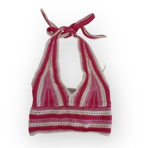 Hollister Pink and Cream Crochet Halter Top